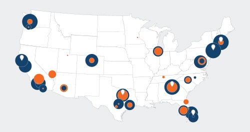 A map infographic of the USA with circles plotted to show Multifamily and Industrial property value and locations of Corporate Offices