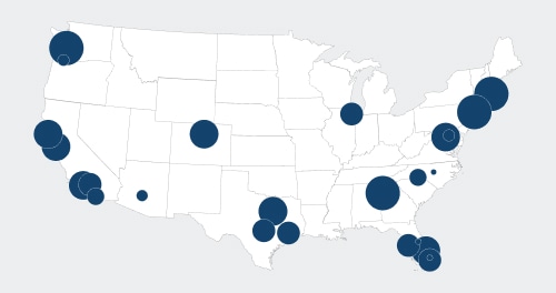A map infographic of the USA with circles plotted to show Multifamily property value