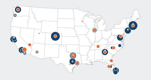 A map infographic of the USA with circles plotted to show Multifamily and Industrial property value