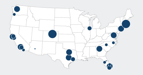 A map infographic of the USA with circles plotted to show Multifamily property value