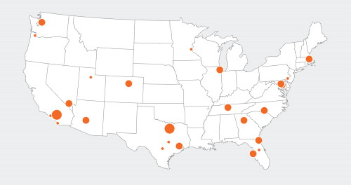 A map infographic of the USA with circles plotted to show Industrial property value